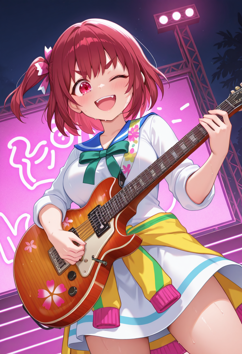 1girl,solo,<lora:nadeshikoil:0.9>,igarashi_nadeshiko,red eyes,short hair,one side up,red hair,ribbon,dress,sailor dress,clothes around waist,blue sailor collar,looking_at_viewer,cowboy_shot,dynamic_angle,smile,sweat,v-shaped eyebrows,open mouth,stage,neon lights,night,guitar,holding_guitar,playing_guitar,legs_apart,wink,incredibly absurdres,masterpiece,best quality,good quality,newest,
