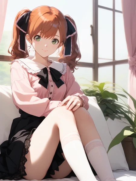 score_9, score_8_up, score_7_up, rating_family, source_anime, quality_masterpiece, quality_best, time_evening, high res image, indoor, lace curtains, houseplant, window, maple tree, 1girl, sitting, knees to chest, knees up, hugging own legs, <lora:jirai kei_pony_V1.0:1>, jirai kei, pink shirt, black skirt, (mini skirt1.1), thighhighs, light smile, looking at viewer, (front view:1.3), <lora:tanakaryou.pony:1>, tanakaryou, yurina, orange hair, high twintails, large breasts, (green eyes:1.1), medium hair,