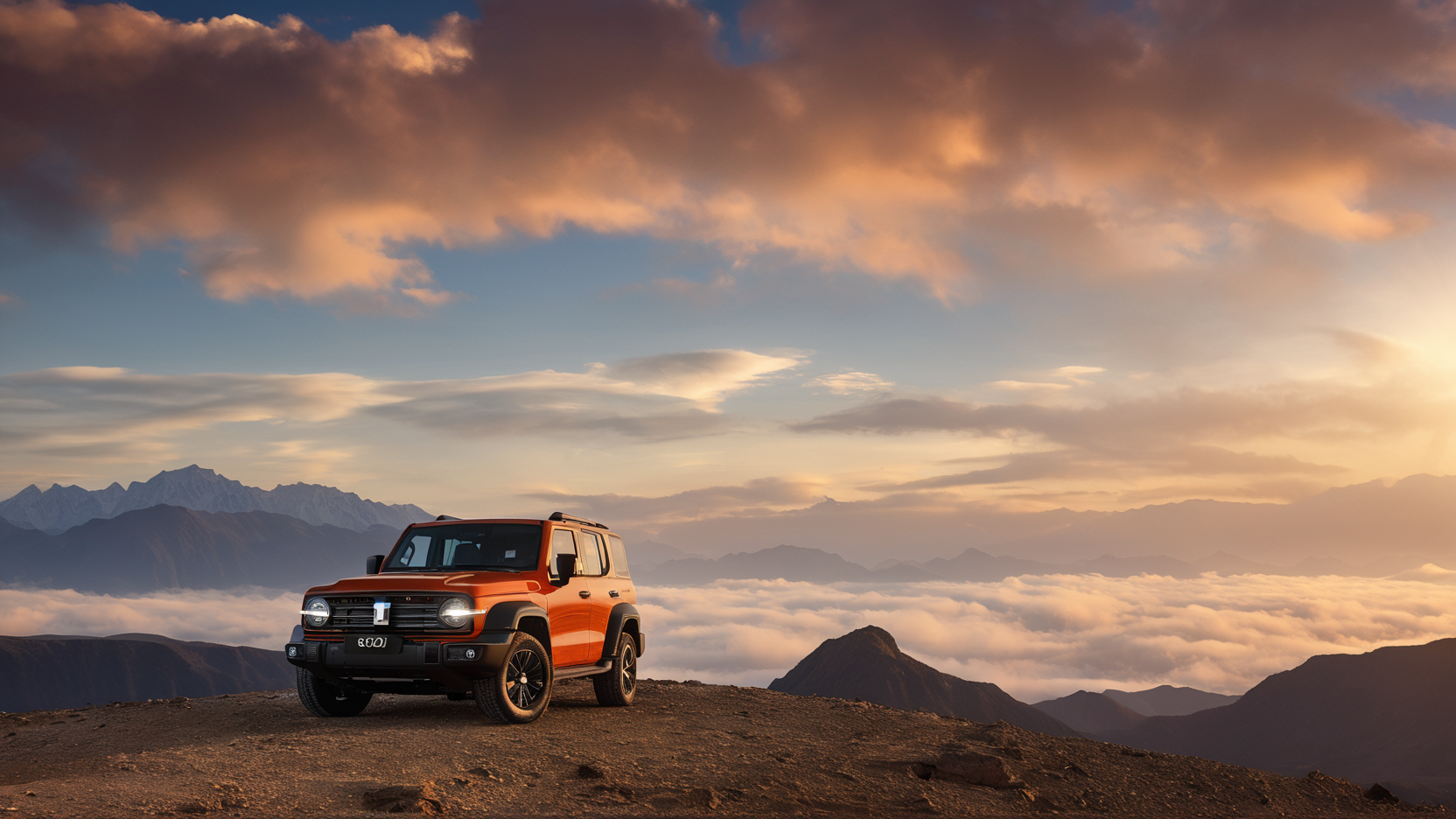 a gwm txxx parked in the top of rock mountain, sunset light across the clouds, clear background, beautiful, hd, 8k, (photographic:1.5), magnificent, grandiose, mac os wallpaper  <lora:GWMTank300_V2.0:0.85>