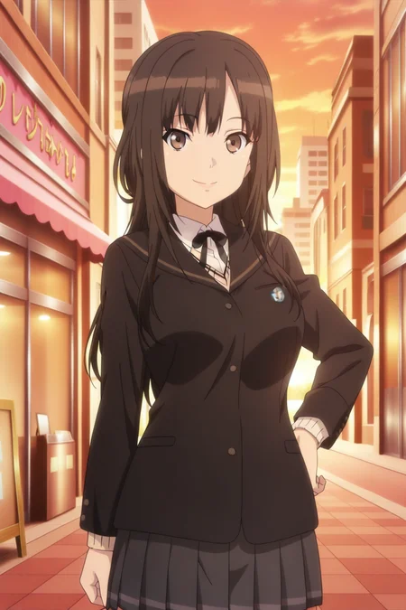 anime screenshot, kamizaki makoto, 1girl, solo, black hair, long hair, brown eyes, large breasts, school uniform, kibito high school uniform, black jacket, white shirt, collared shirt, long sleeves, brown sweater vest, black ribbon, neck ribbon, grey skirt, pleated skirt, looking at viewer, smile, hand on own hip, cowboy shot, outdoors, city, shop, sunset, masterpiece, best quality, high quality, highres, absurdres, <lora:kamizaki_makoto_ILXL:0.9>