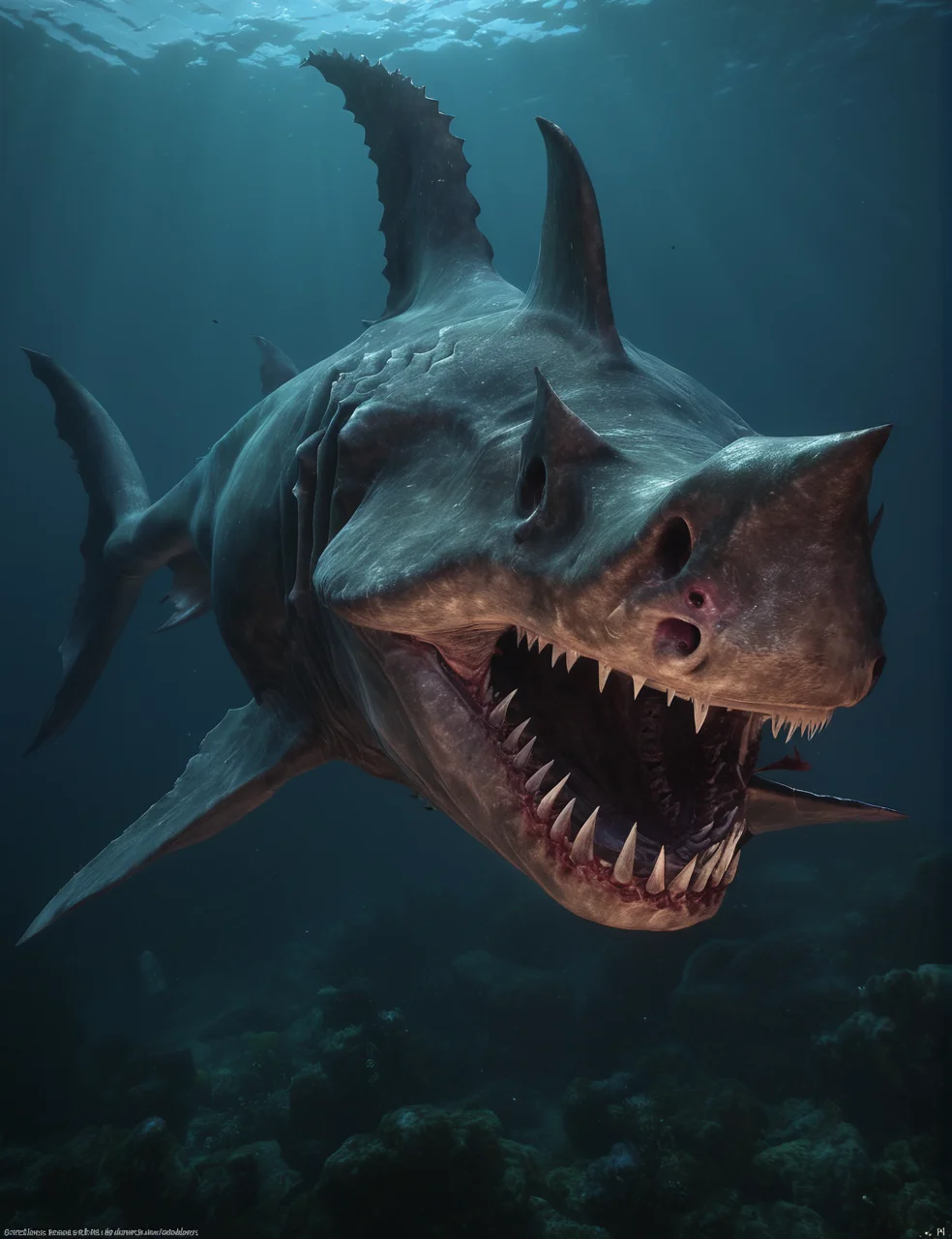 moghxl a demonic hammerhead shark,megalodon,mythical,colossal,underwater,128K UHD,sharp focus,masterpiece,awardwinning ,realistic,raw photo,octane rennder,full body,epic,official art,cinematic,dark,<lora:moghxl:1>,glowing
