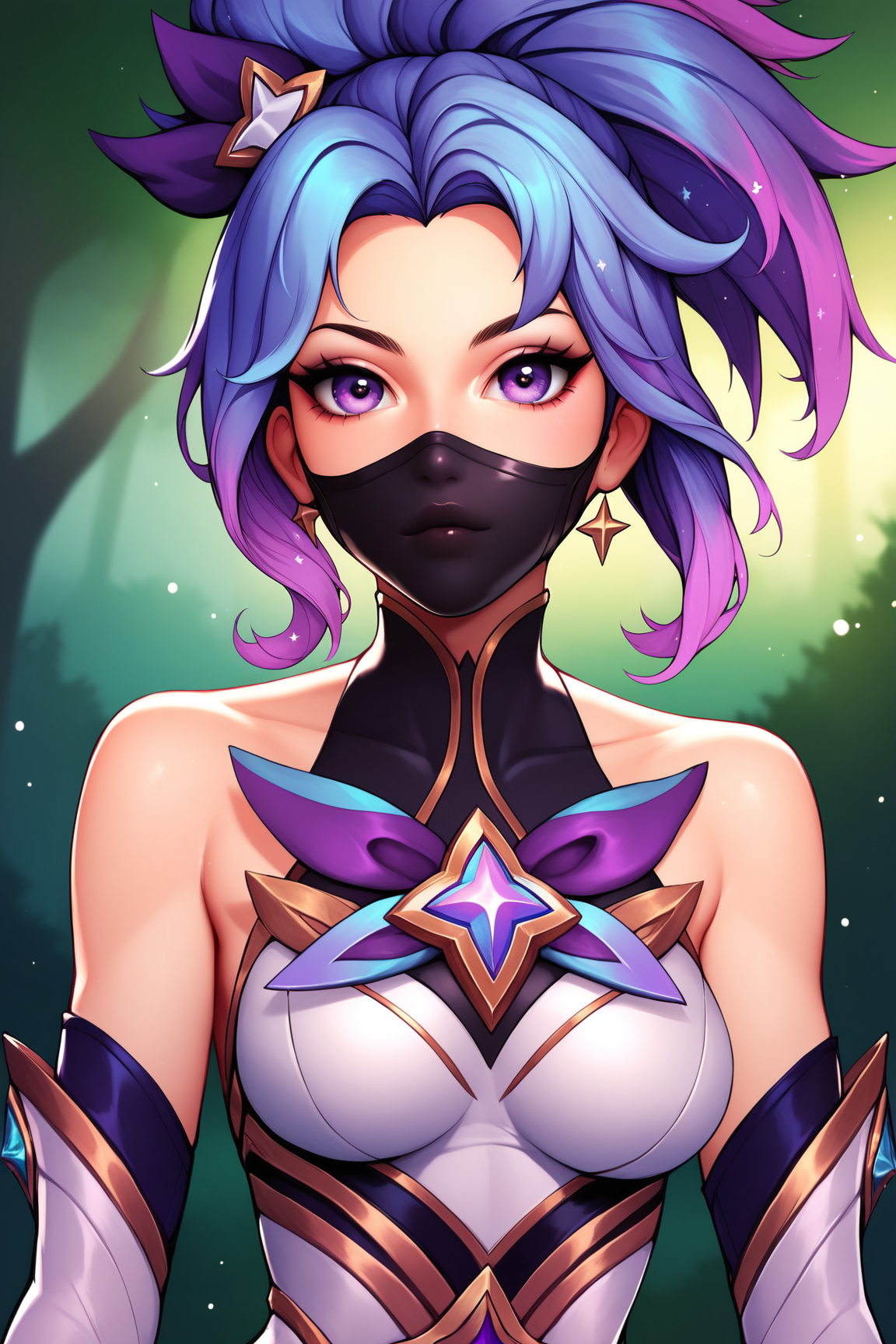 score_9, score_8_up, score_7_up, score_6_up, BREAK, AkaliSGXL, purple eyes, black mouth mask, purple hair, multicolored hair, parted bangs, star hair ornament, medium breasts, star guardian (league of legends), white dress, detached sleeves, black elbow gloves, solo, front view, (portrait, upper body), solo focus, looking at viewer, forest, tree <lora:AkaliSGXL:0.8>