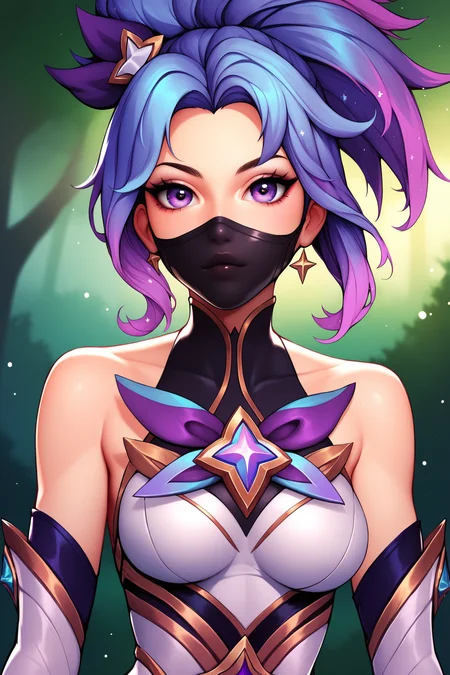 score_9, score_8_up, score_7_up, score_6_up, BREAK, AkaliSGXL, purple eyes, black mouth mask, purple hair, multicolored hair, parted bangs, star hair ornament, medium breasts, star guardian (league of legends), white dress, detached sleeves, black elbow gloves, solo, front view, (portrait, upper body), solo focus, looking at viewer, forest, tree <lora:AkaliSGXL:0.8>