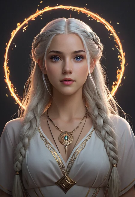 anime artwork <lora:R0k00bstr0ctHD:1>,r0k00bstr0cthd,r0k00bl0ckb0ckgr00ndhd,(shiny, fire, multicolored, black background, glowing, magic circle, aura),, (Hair, Long, silver-blonde hair (often described as pale as moonlight), a hallmark of her Targaryen lineage. In the books, her hair is worn in intricate braids, symbolizing victories and tradition:1), (Eyes, Large, violet eyes, often noted for their intensity and otherworldly quality, typical of the Valyrian race:1), (Skin, Pale, creamy complexion with a smooth, almost luminous quality that enhances her striking beauty:1), (Build, Slim and petite, yet strong and resilient, reflecting her gradual transformation from a timid girl into a determined leader:1),  short in stature, . anime style, key visual, vibrant, studio anime,  highly detailed