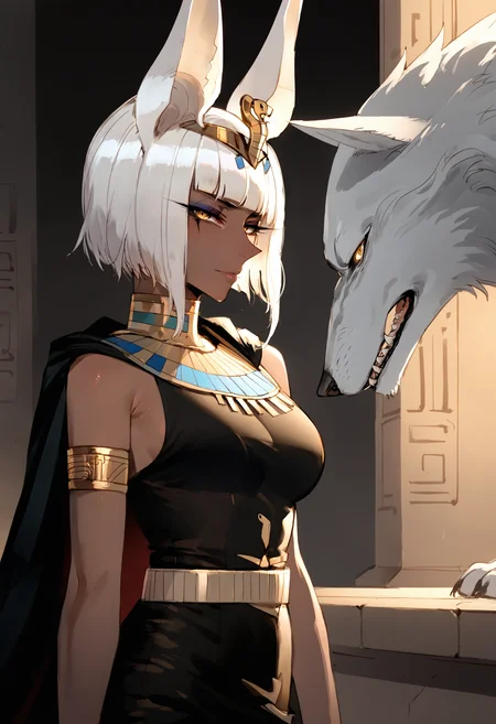 score_9, score_8_up, score_7_up, score_6_up, score_5_up, score_4_up,
<lora:Ratatatat74PonyXLv2:1> (r4tr4t:1.4),
1girl, solo, breasts, looking at viewer, short hair, dress, animal ears, closed mouth, bare shoulders, medium breasts, standing, upper body, yellow eyes, white hair, cowboy shot, sleeveless, indoors, medium hair, belt, dark skin, blunt bangs, black dress, cape, from side, dark-skinned female, looking to the side, profile, black pants, animal, bob cut, wolf ears, crown, tiara, armlet, circlet, black cape, wolf, egyptian, jackal ears, hieroglyphics