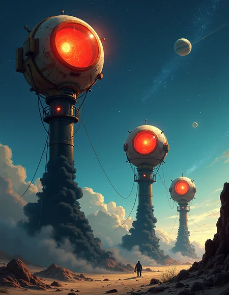 cartoon art by George Cruikshank and Leonid Afremov, A detailed digital illustration of a fantastical scene: Three large robotic arms with glowing red eyes are extending into the space, their intricate conveyor system system transporting immense black gas and dust. A giant observation bubble hovers above, contrasting the cool, star-filled backdrop of space. The image captures a cosmic realm, with a distant view of planets and celestial bodies, inviting viewers to explore the world's infinite mysteries., caricaturism, satirical illustrations, social and political commentary, Palette knife oil paintings, vibrant colors, romantic cityscapes, impressionistic style, capturing light and atmosphere, nostalgic charm