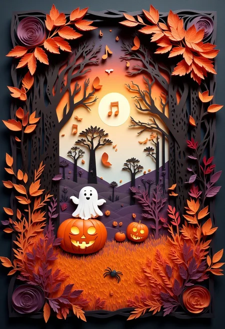 This paper quilling, layered paper piece features a cute ghost dancing around a jack-o-lantern in a moonlit forest, with a cute spider standing on the jack-o-lantern, and musical notes swirling in the air, and an elegant, serene atmosphere highlighted by the soft glow of the moon. The color scheme is orange, red, black, purple, and brown, with metallic gold highlights.