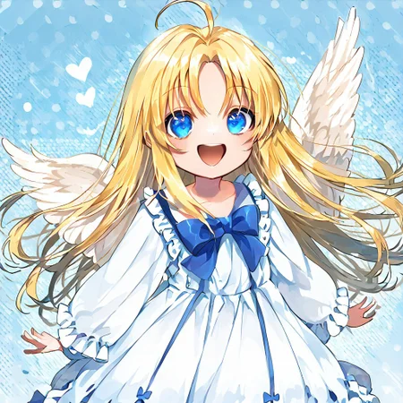 score_9, score_8_up, score_8, score_7_up, 
1girl, solo, AEFilo, blue eyes, blonde hair, ahoge, long hair, white wings, blue bowtie, white dress, frilled dress, frilled sleeves, long sleeves, barefoot, polka dots background, smile, open mouth, close shot, cute girl, looking at viewer,
cute, kawaii, hearts, heart in mouth,