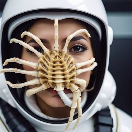 cinematic photo a squid skeleton on a woman face wears a spacesuit, space <lora:Facehugger1024:0.8> . 35mm photograph, film, bokeh, professional, 4k, highly detailed