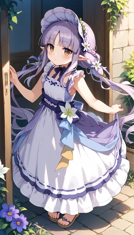 score_9,score_8_up,score_7_up,
official art,official style,game cg,megami magazine,
kyouka spring,
bangs, bare shoulders, blurry, blush, bonnet, braid, braided ponytail, brown eyes, dress,
elf, flower, frilled dress, frills, hair flower, hair ornament, hat, long hair, low twintails,
petals, pointy ears, purple dress, purple hair, ribbon, sleeveless, sleeveless dress, twintails,
very long hair, white dress,
1girl,solo,
standing,full body,
<lora:princess_connect_kyouka_pony_v1:1>,