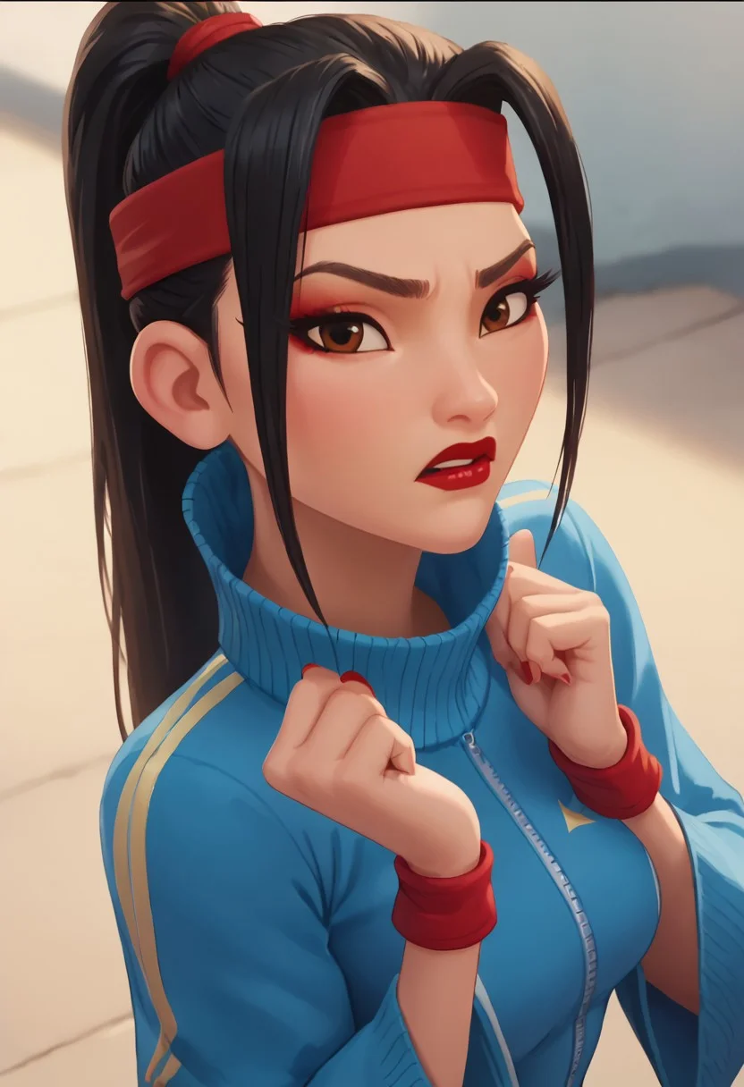 score_9, score_8_up, score_7_up, ultra quality, solo, 1girl, chang'e_tt, 1girl, asian, high ponytail (black hair, red headband), big eyelashes, brown eyes, makeup, red eyeshadow, red lipstick, red nails, red wristbands, blue track jacket (turtleneck, wide sleeves), light blue spandex, angry, pouting, big hips, big butt, bubble butt, breasts, narrow waist, curvy, score_9, score_8_up, score_7_up, score_6_up, looking at the viewer, standing, close up, view from above, face focus, screencap