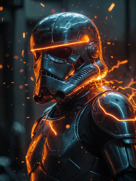 glowneon, glowing storm trooper emitting sparks and electricity, dark red and orange, glowing eyes, cinematic film still <lora:glowneon_xl_v1:1> <lora:add-detail-xl:0.8>