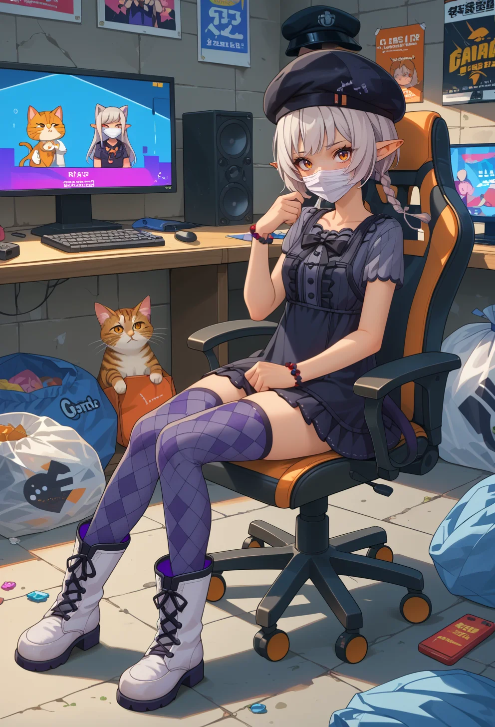 score_9, score_7_up, source_anime, BREAK <lora:AEArchie:0.8> AEArchie, orange eyes, brown eyes, grey hair, short hair, low twintails, twin brainds, pointy ears, animal ears, braid, cat tail, dark-skin, mole under eye, tail bow, mouth mask, black headwear, beret, black bow, grey shirt, short sleeves, black dress, short dress, center frills, bead bracelet, watch, argyle legwear, grey thighhighs, purple thighhighs, blue thighhighs, boots, cross-laced, white footwear, zettai tyoiki,
sitting, gaming chair, very messy room, trash bag, multiple monitors, playing games, rgb lights, neon trim,
