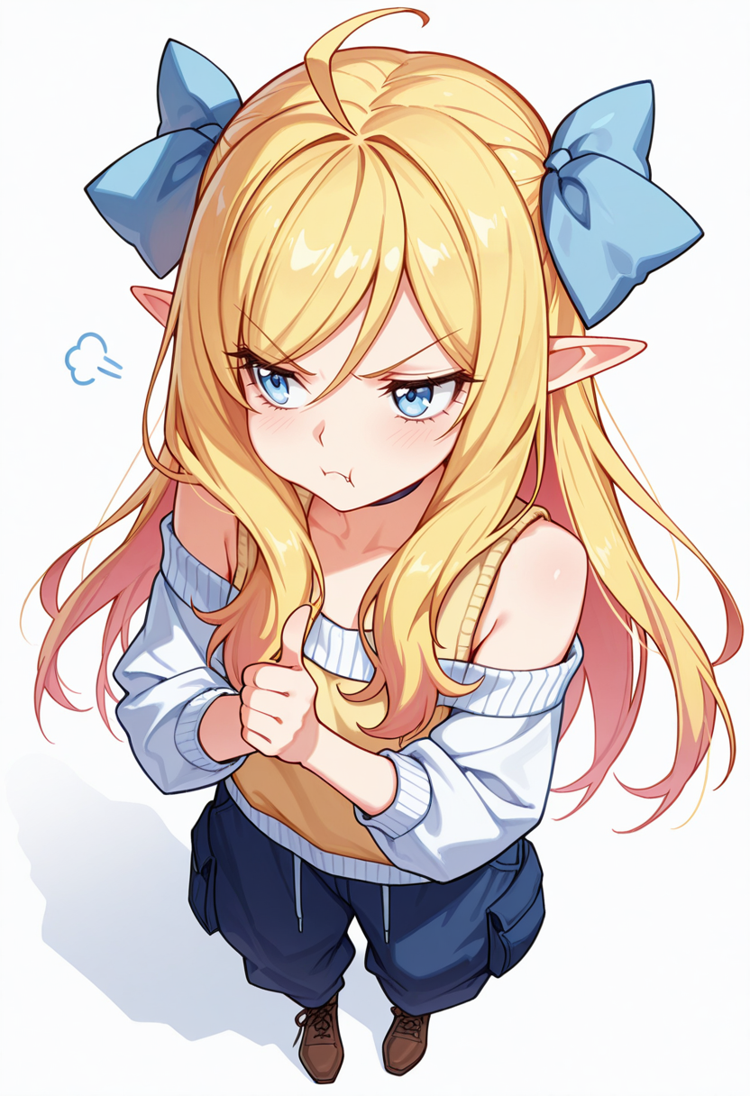 Smooth Quality,masterpiece,very intricate, high quality details, ultra realistic, high detailed skin,detailed enviorement,absurdres,
thumbs up,
 <lora:Jashin-chan_CNR:0.8> jashin_cnr, 1girl, blonde hair, long hair, ahoge, blue eyes, pointy ears, fangs, hair ribbon,legs,, simple background, white background, from above,solo,, pout,, off-shoulder top, ,sweater vest, ,baggy pants, ,