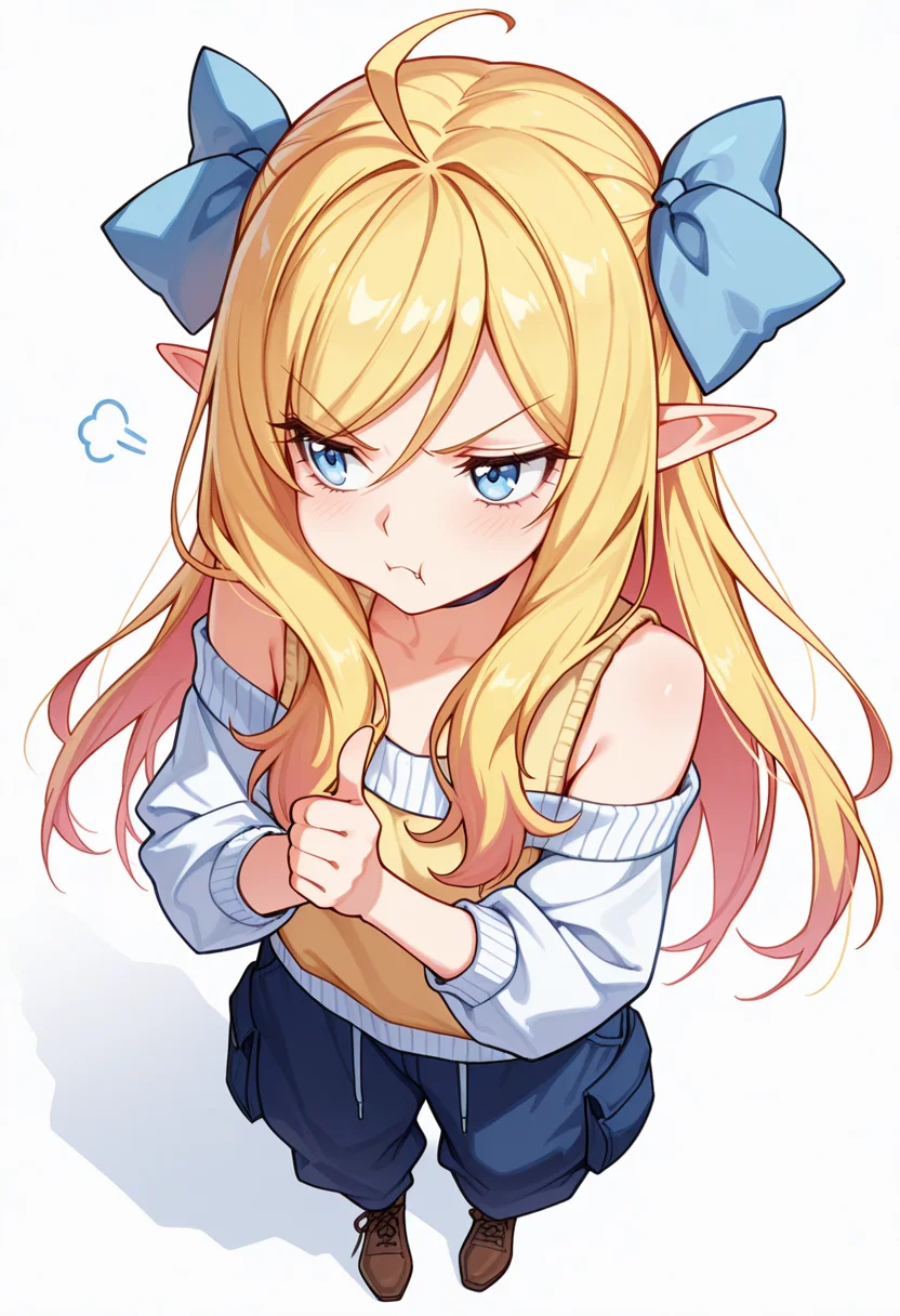 Smooth Quality,masterpiece,very intricate, high quality details, ultra realistic, high detailed skin,detailed enviorement,absurdres,
thumbs up,
 <lora:Jashin-chan_CNR:0.8> jashin_cnr, 1girl, blonde hair, long hair, ahoge, blue eyes, pointy ears, fangs, hair ribbon,legs,, simple background, white background, from above,solo,, pout,, off-shoulder top, ,sweater vest, ,baggy pants, ,