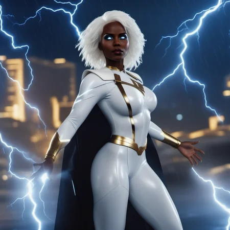 cinematic photo a black woman, full body, with white hair, super hero, storm, white eyes, standing powerfull in the rain, city, drmatic, masterpiece <lora:Storm1024-000105:0.8> . 35mm photograph, film, bokeh, professional, 4k, highly detailed