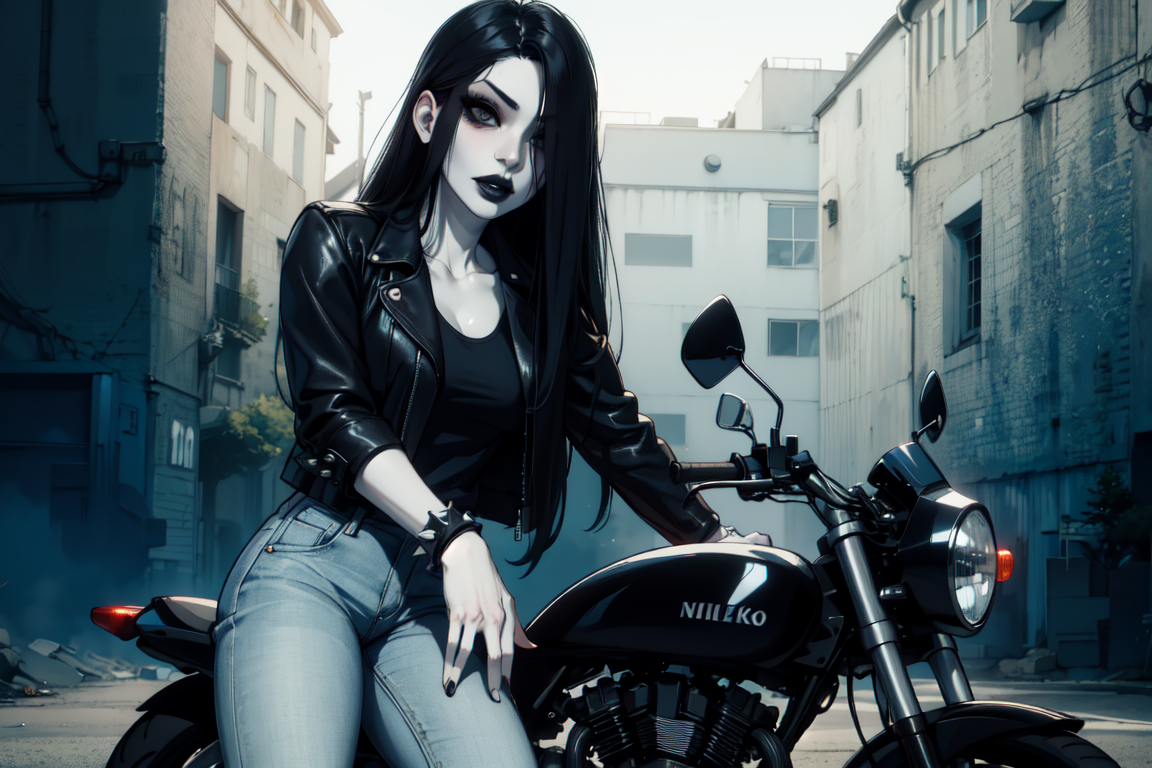 extremely detailed, <lora:TheOnryo-10v7:0.8>, mature woman, sadako, leather jacket, jeans, spiked bracelets, pale skin, very long hair, hair over one eye, black eyes, black lips, eyeliner, sitting, riding a motorbike