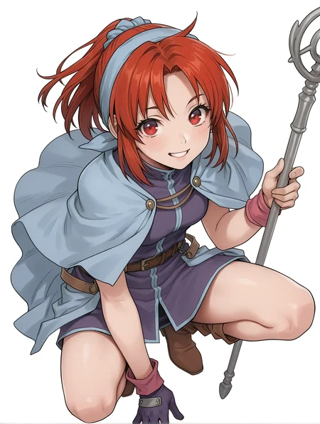 masterpiece,best quality,newest,
solo,1girl,
<lora:chris_ilxl_v1.1:1>,chris,red hair,red eyes,c_clothes,single glove,holding wand,<lora:Fixhands_anime_bdsqlsz_V1:1>,light_blush,cinematic_angle,looking_at_viewer,full body,white_background,simple_background,dynamic_angle,(grin:0.9),from_above,looking_up,pov,squatting,