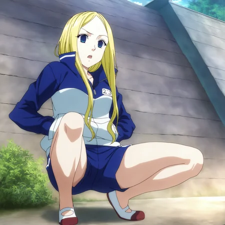 sharp focus, pixiv masterpiece, score_9, score_8_up, source_anime, score_7_up, best quality, high res, absurd res, BREAK
<lora:Nino_arakawa_under_the_bridge_illu_v38:1>,nino_arakawa_il, (1girl, solo:1.5), blonde_hair, blue_eyes, blue_white_tracksuit, number_tag, long_hair,(anime_screencap:1), riverside, blue_shorts, side_stripes, uwabaki_shoes, crouching, (from below:1), full body, low angle, hands_in_pockets