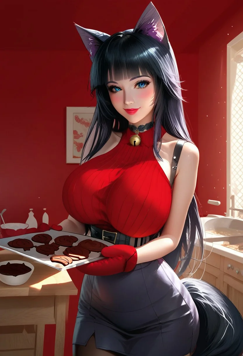 Score_9, Score_8_up, Score_7_up, hyper detailed, hyper realistic, 8k, high quality, high resolution, best quality, absurd resolution, 1girl, wolf girl , beatiful face,animal ear fluf , (not furry female), blue eyes, black hair ,shoulder length hair , detailed face , beatiful face , wolf ears, good_hands,sexy body, wolf tail , sensual, eyes perfect, large breasts, lipstick,choker bell, ruanyi0892,belt,black pantyhose,high-waist skirt,sleeveless sweater,red sweater,lora:baking-cookies-ponyxl-lora-nochekaiser:1>, baking cookies, looking at viewer, blush, seductive smile, gloves, holding, frills, food, indoors, apron over clothes, chocolate, cookie, oven mitts,, , (indoors, kitchen), ,depth of field,focused subject,HD, high detail, 8k, <lora: pony /twilight_style: 0.8 > concept art, realistic ,<lora:pony/ expressionh:0.8 >