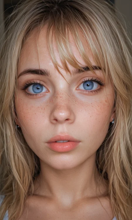 4k selfie with a surprised expression, deep focus, split-diopter lens, close-up, focus on her eyes, cluttered bedroom, posters on walls, ring lighting, long shaggy blonde (bangs between eyes, dark blue eyes, freckles, blush, natural lips, natural eyes, messy hair, black eyebrows, pierced eybrow) taking a selfie, bent forward, mirror behind in distance, her back can be seen in the reflection