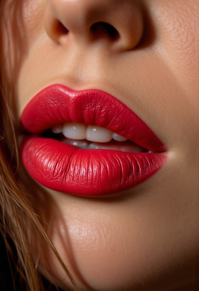 A vibrant close-up focuses on a woman's lips and chin, the glossy texture of her skin catching the light. The shallow depth of field isolates the subject, creating a striking visual impact, captured with a Canon EOS R6 and a 50mm f/1.2 lens at f/1.2. IMG_20250413_007.CR3
, aidmaHyperrealism, aidmafluxpro1.1, aidmarealisticskin
