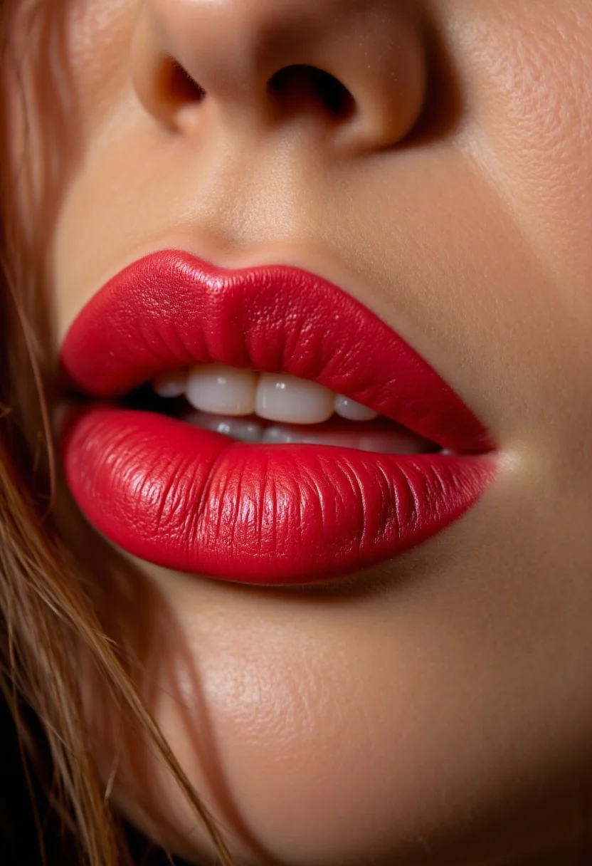 A vibrant close-up focuses on a woman's lips and chin, the glossy texture of her skin catching the light. The shallow depth of field isolates the subject, creating a striking visual impact, captured with a Canon EOS R6 and a 50mm f/1.2 lens at f/1.2. IMG_20250413_007.CR3
, aidmaHyperrealism, aidmafluxpro1.1, aidmarealisticskin