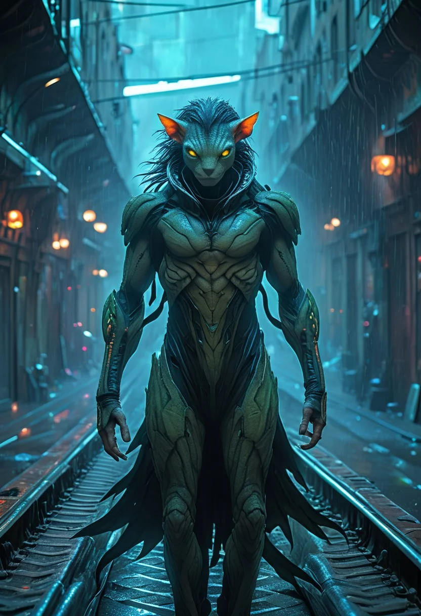 score_9, score_8_up, score_9_up, SilverPulse, Fantasy Creature, portrait, close to the face, punk hair, lizard, cat, alien girl, feminime, female, 1girl, Avatar navi alien with purple skin, bal, big eyes, medium breast, red trench coat, running on the top of train, yellow train, cyberpunk city, night, neon light, rainy, dynamic view, dynamic pose, super wide angle shot, extreme perspective,