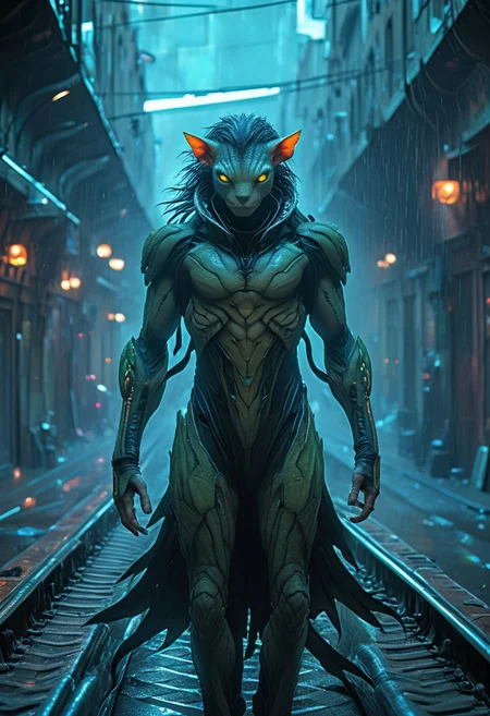 score_9, score_8_up, score_9_up, SilverPulse, Fantasy Creature, portrait, close to the face, punk hair, lizard, cat, alien girl, feminime, female, 1girl, Avatar navi alien with purple skin, bal, big eyes, medium breast, red trench coat, running on the top of train, yellow train, cyberpunk city, night, neon light, rainy, dynamic view, dynamic pose, super wide angle shot, extreme perspective,