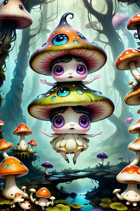 Floating Mushroom Fairy Ring - A ring of oversized, floating mushrooms with exaggerated spots and eyes. Small fae creatures with cartoonishly large heads dance in the air above, their shadows casting surreal shapes on the forest floor below. <lora:EnvyPastelGoth02-prodigy-batch6:1> <lora:SDXLFaeTastic2400:1> <lora:Goth_SDXL_V1:1> <lora:LowBrowXL:1> <lora:GothGirlLorav0.1:1>