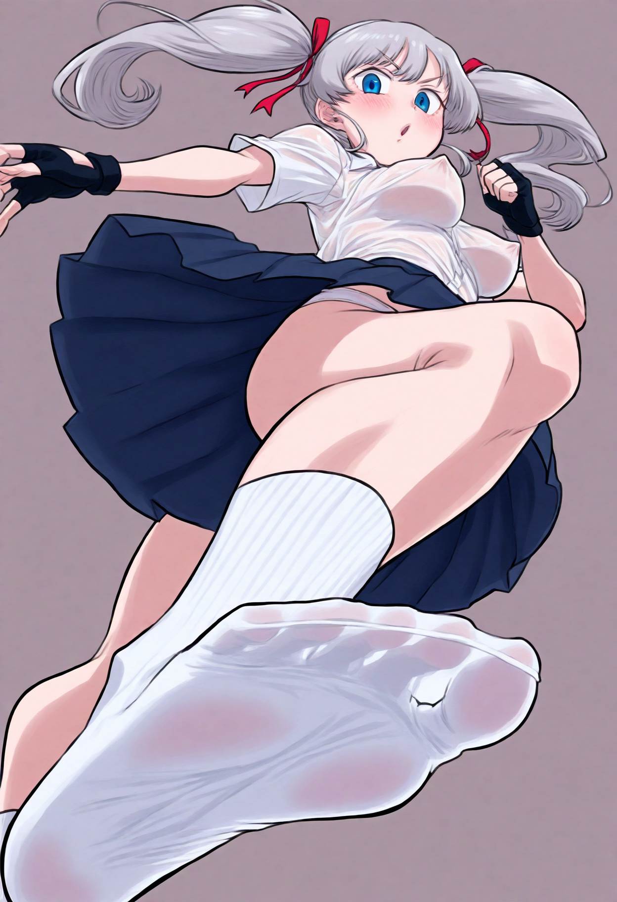 <lora:DittoHead7-8:1>
very aesthetic, from side, from below,
(perfect quality, best quality, masterpiece, absurdres, newest),
1girl, solo, feet, fingerless gloves, twintails, socks, blue eyes, underwear, panties, foot focus, soles, blush, toes, breasts, see-through, school uniform, covered nipples, hair ribbon, skirt, kicking, grey hair, no shoes, foreshortening, long hair
