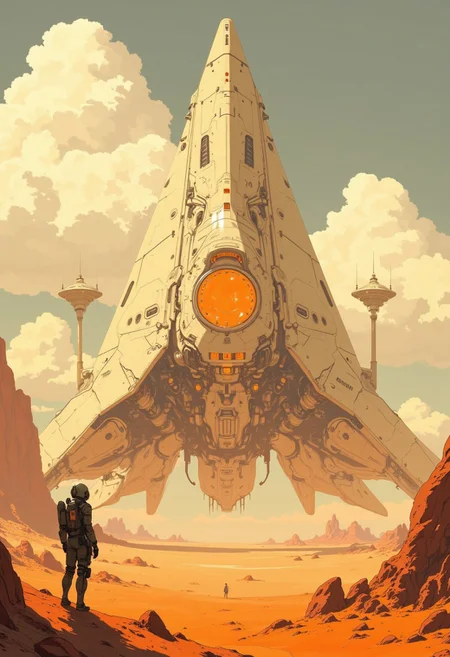 Imagine a futuristic, desert-like landscape with a sci-fi theme. The central focus is a large, sleek spacecraft with a triangular shape and a smooth, metallic surface, painted in a light beige color. The spacecraft has a large, round cockpit with a bright, glowing orange light emanating from it, suggesting it's active. The cockpit is surrounded by a complex array of sensors, antennas, and control panels. In the foreground, on the left, stands a humanoid figure in a futuristic, armored suit with a helmet, possibly a pilot or a crew member. The figure is silhouetted against the sun, casting a shadow, and appears to be gazing upward at the spacecraft. The background features a vast, arid desert with scattered rocks and a few small, rugged mountains in the distance. The sky is a gradient of warm, golden hues, with fluffy, white clouds scattered across it. Two additional spacecraft, similar in design to the central one, are visible in the background, hovering in the sky. The overall atmosphere is one of awe and anticipation, suggesting a moment of arrival or exploration in a distant, alien world. The atmosphere is serene yet awe-inspiring, with a mystical, almost dreamlike quality. The composition is cinematic, with a sense of scale that emphasizes the sheer grandeur of the ship against the timeless landscape. High detail, ultra-textured, 8K resolution, atmospheric depth, concept art. anime, cyberpunk, DB4RZ, DB4RZ style painting, in the style of cksc