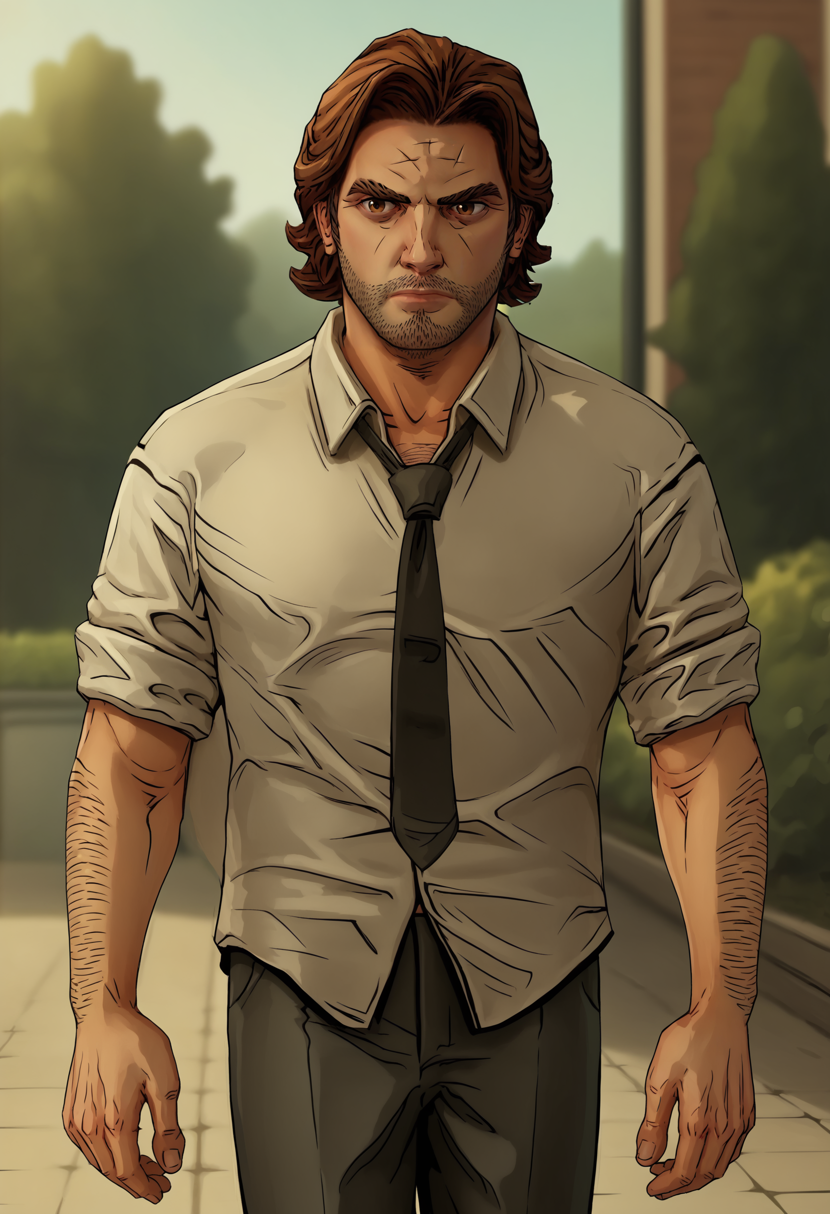 score_9, score_8_up, score_7_up, score_6_up, score_5_up, score_4_up, 1boy, <lora:BigbyWolf:0.85> solo, brown hair, facial hair, brown eyes, stubble, arm hair, shirt, pants, black necktie, collared shirt, walking
(garden background), blurry background,
