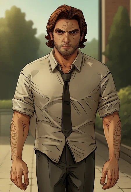 score_9, score_8_up, score_7_up, score_6_up, score_5_up, score_4_up, 1boy, <lora:BigbyWolf:0.85> solo, brown hair, facial hair, brown eyes, stubble, arm hair, shirt, pants, black necktie, collared shirt, walking
(garden background), blurry background,