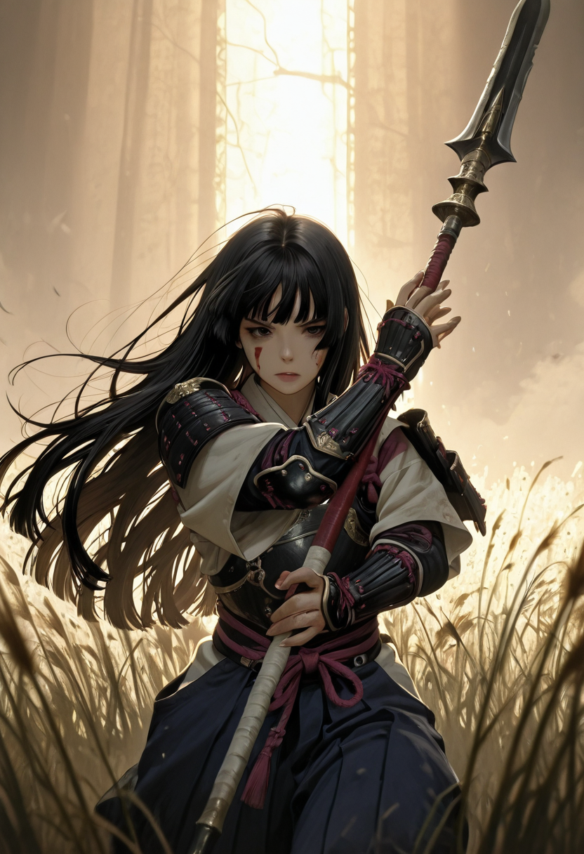 ((painting)), (masterpiece, best quality, amazing quality), very aesthetic, ultra-detailed, highly detailed, intricate details, absurdres, (volumetric lighting, HDR, backlighting), cowboy shot, 1 woman, samurai, beautifull face, long hime cut, no makeup, dark hazel eyes, hakama, japanese armor, haraate, japanese gauntlets, one japanese spear, yari, holding japanese spear with one hands, fighting stance, blurry foreground, wind, floating hair, in Pampas grass field, blood on face, dynamic pose, rushing toward viewer, (five fingers)