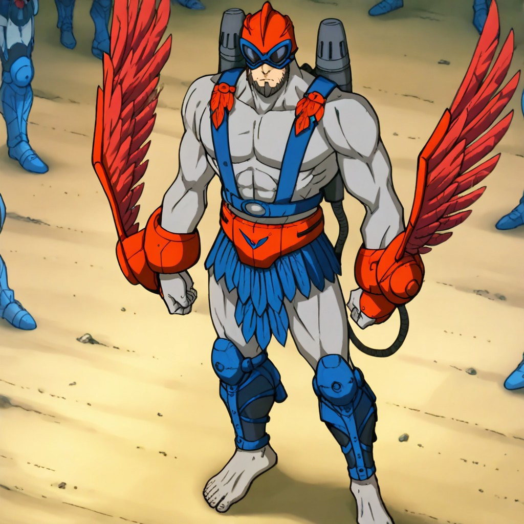 masterpiece, best quality, official style, anime screencap, anime coloring, BREAK Stratos, Red Wings, Helmet, Skirt, Feathers, Goggles, Barefoot, Male, Muscular, Armor, Leg Armor, view from above, standing, sideview