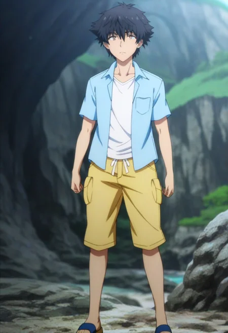 Anime, anime screencap, anime coloring, 1male only, 1boy only, male focus, one male character only, single male character only, single illustration only, bishonen, handsome, attractive, cute, Setsuna Sanzenkai, black hair, brown eyes, light blue collared shirt, open shirt, white undershirt, short sleeves, yellow shorts, sandals, full body shot, island, nature, outside a cave, cave entrance background