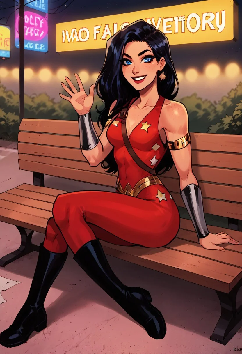 1girl, score_9, score_8_up, score_7_up, western cartoon, neon lighting, very detailed, depth of field, cinematic illumination, volumetric lighting, full color picture, vibrant colors, long hair, black hair, makeup, looking at viewer, looking forward, star pattern, gold armband, red suit, silver bracers, full body, black boots, sitting on bench, facing forward, looking at viewer, high quality, silver bracers, blue eyes, waving with right hand, left hand on bench, smile, light freckles, city, city center, other hand empty, beautiful face, very detailed face, alone, solo, shield on back, slight cleavage, gold lasso, lasso on side of waist,