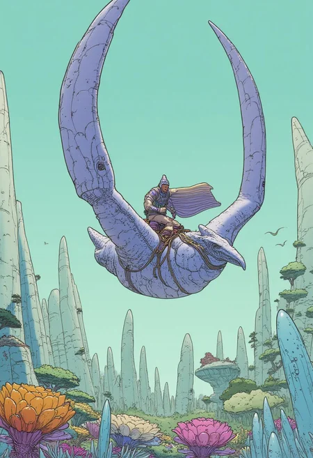 Arzach riding a majestic, leathery-skinned pteranodon with immense wings stretched wide, soaring over an alien desert landscape filled with surreal rock formations and bizarre flora. incorporating intricate line work, muted pastel tones, and dreamlike atmospheres. High attention to detail, emphasizing the flowing cape of Arzach and the textural nuances of the pteranodon’s skin. showcasing both alien wilderness and the silent grandeur of flight.
