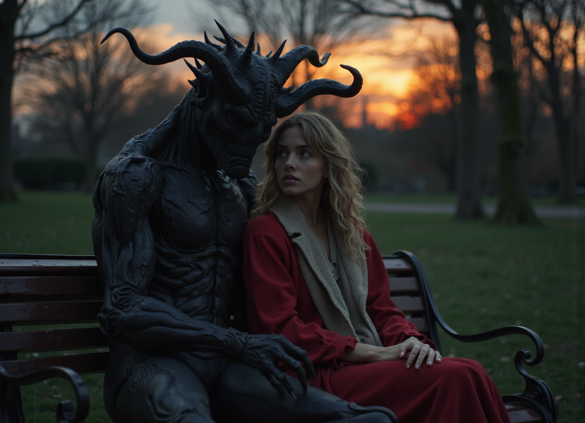a young woman sitting outside on a park bench with a demon sitting next to her, they are holding hands, the young woman has her head resting on the demons shoulder, vintage photography, d34thd3m0n