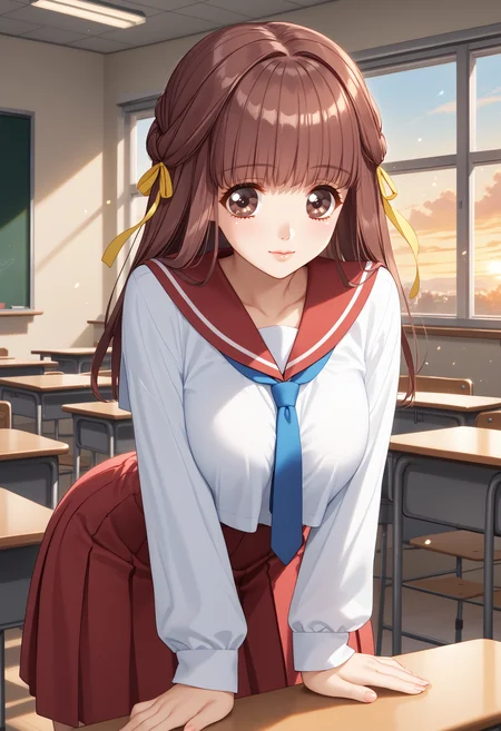 score_9, score_8_up, score_7_up, BREAK  <lora:Maika:1>, maika, yellow hair ribbon, 1girl,brown hair,long hair, brown eyes,straight hair,sidelocks,red sailor collar,white tunic,long sleeves, red skirt,blue necktie,leaning forward,classroom,school,indoors,light particles,sunset,windows, <lora:StS_PonyXL_Detail_Slider_v1.4_iteration_3:1>
