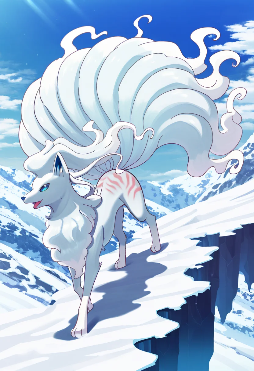 masterpiece, best quality, zzNinetalesA, frozen tundra, blizzard, howling wind, snowy cliff edge, looking into distance, flowing tail marks in snow. Amid the swirling whiteout, zzNinetalesA stands alone on a jagged cliff edge, its shape barely visible through the blowing snow. Its many tails trail behind like ghostly ribbons, carving elegant arcs into the untouched frost. The wind roars, but zzNinetalesA remains still, gazing into the blizzard's heart., <lora:NinetalesAlolanPokedex_IXL_v1:1.0>,