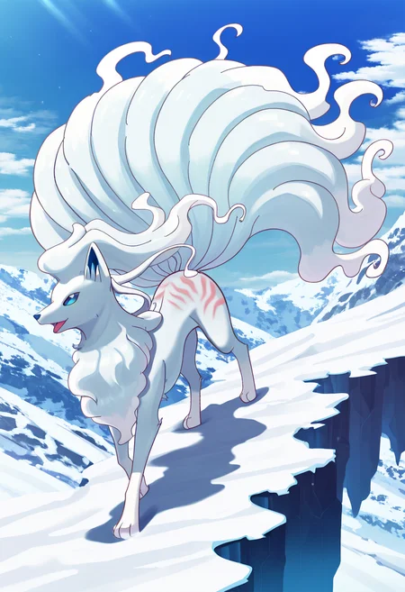 masterpiece, best quality, zzNinetalesA, frozen tundra, blizzard, howling wind, snowy cliff edge, looking into distance, flowing tail marks in snow. Amid the swirling whiteout, zzNinetalesA stands alone on a jagged cliff edge, its shape barely visible through the blowing snow. Its many tails trail behind like ghostly ribbons, carving elegant arcs into the untouched frost. The wind roars, but zzNinetalesA remains still, gazing into the blizzard's heart., <lora:NinetalesAlolanPokedex_IXL_v1:1.0>,