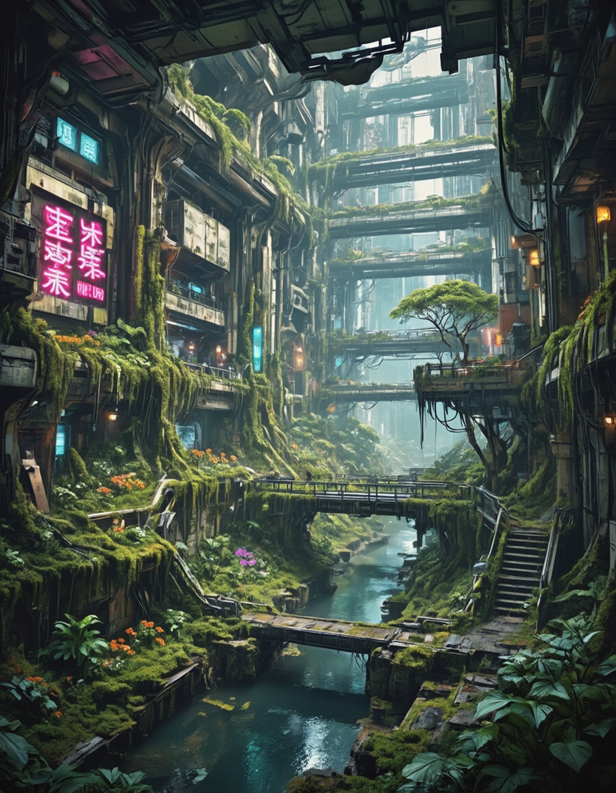 <lora:SWL_Underground1flux:1> photo of a cinematic futuristic underground arcology transformed into a lush, post-urban Eden, viewed from a mid-angle perspective showing a deep corridor fading into luminous depth. Massive industrial walls, overgrown with climbing moss and jungle flora, are adorned with glowing neon signs in stylized Asian typography, casting magenta and cyan hues across the misty scene. A clear canal flows through the scene, its surface reflecting colorful lights and the shadows of hanging vines. In the foreground, a crumbling metallic pedestrian bridge spans the water, entwined with roots and covered in emerald moss. To the right, staircases carved into rusted platforms lead upward into layers of suspended walkways and terraces. Bright patches of orange flowers and purple blossoms pop against the verdant green, forming wild gardens reclaiming concrete. Above, layers of walkways and pipes stretch into pale turquoise atmospheric haze, illuminated by filtered light cascading from broken ceiling panels high above. Small trees sprout from balconies, symbolizing natureâs quiet victory. The ambiance is serene yet haunting, echoing with the quiet hum of abandoned machines and distant water trickles, an intimate blend of sci-fi decay and flourishing wilderness.