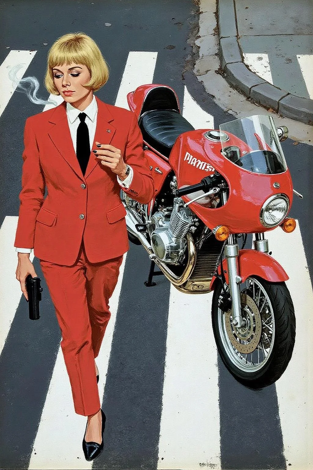 kard1 illustration
Overhead shot of an Blonde woman walking away from a futuristic motorcycle parked at a zebra crossing. The woman has bob hair, is smoking. She wear a red business suit, white shirt, black tie. She holds a gun with a confident grip. The motorcycle itself is red, sleek and metallic, with intricate designs and a futuristic vibe  <lora:kard1_cap_d6a3:1.0><lora:816534924623349452:0>