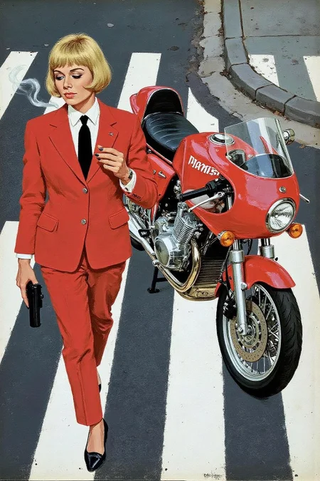 kard1 illustration
Overhead shot of an Blonde woman walking away from a futuristic motorcycle parked at a zebra crossing. The woman has bob hair, is smoking. She wear a red business suit, white shirt, black tie. She holds a gun with a confident grip. The motorcycle itself is red, sleek and metallic, with intricate designs and a futuristic vibe <lora:kard1_cap_d6a3:1.0><lora:816534924623349452:0>