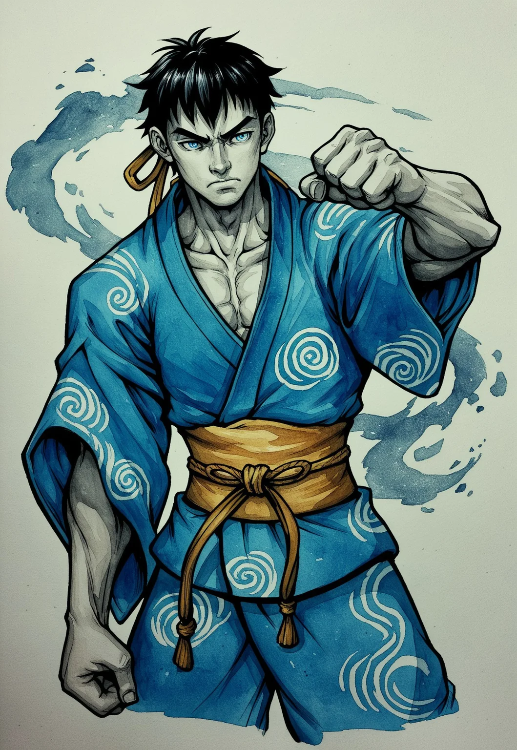 PonyXLV6_Scores 1boy, male focus, martial artist, kimono, black hair, blue eyes, bishonen, video game character, street fighter, OH GOD, traditional media, FALLENINCURSIO MIGHT KICK ME I AM TIRED, art by whatever, trending on pixiv, WatercolorMangaPDXL