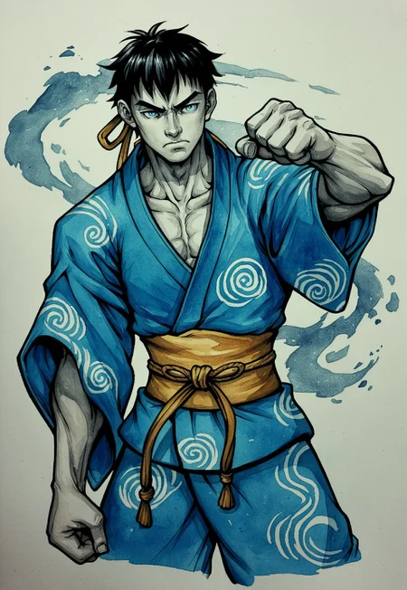 PonyXLV6_Scores 1boy, male focus, martial artist, kimono, black hair, blue eyes, bishonen, video game character, street fighter, OH GOD, traditional media, FALLENINCURSIO MIGHT KICK ME I AM TIRED, art by whatever, trending on pixiv, WatercolorMangaPDXL