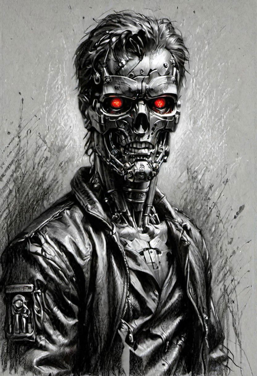 (masterpiece), 
A terminator in a leather jacket,
((upper body))
HDR, highly detailed, 32k, 
looking at viewer,
