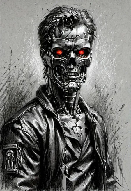 (masterpiece), 
A terminator in a leather jacket,
((upper body))
HDR, highly detailed, 32k, 
looking at viewer,